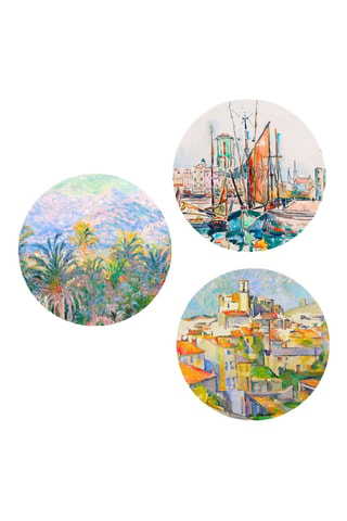 3 tableaux « La Rochelle » Paul Signac, « Les palmiers à Bordighera » Claude Monet et « Gardanne » Paul Cézanne - 3 x (30 x 30 cm)