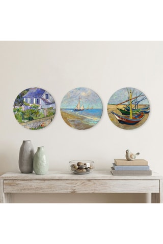 3 tableaux « Bateaux de pêche sur la plage des Saintes-Maries-de-la-Mer », « Maisons à Auvers-sur-Oise » et « Barques de pêche sur la plage des Saintes-Maries-de-la-Mer » Vincent van Gogh - 3 x (30 x 30 cm)