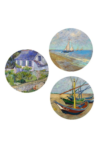 3 tableaux « Bateaux de pêche sur la plage des Saintes-Maries-de-la-Mer », « Maisons à Auvers-sur-Oise » et « Barques de pêche sur la plage des Saintes-Maries-de-la-Mer » Vincent van Gogh - 3 x (30 x 30 cm)