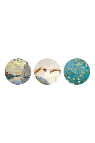 3 tableaux « Voilier au Petit-Gennevilliers » Claude Monet, « La Création d’Adam » Michel-Ange Buonarroti» et « Amandier en fleurs » Vincent  Van Gogh - 3 x (30 x 30 cm)