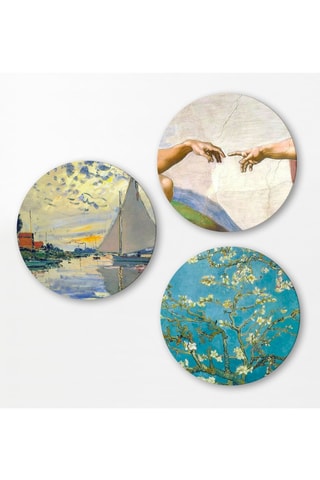 3 tableaux « Voilier au Petit-Gennevilliers » Claude Monet, « La Création d’Adam » Michel-Ange Buonarroti» et « Amandier en fleurs » Vincent  Van Gogh - 3 x (30 x 30 cm)