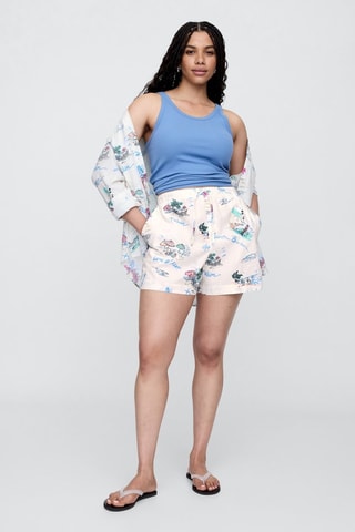 Shorts in lino a vita alta - Bianco e celeste