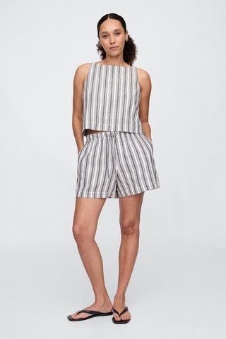 Shorts in lino a vita alta - Bianco e blu notte