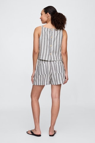 Shorts in lino a vita alta - Bianco e blu notte