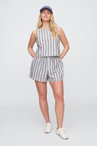 Shorts in lino a vita alta - Bianco e blu notte