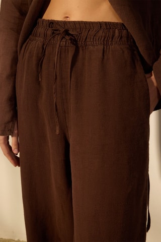 Pantalón tiro alto lino - Marrón