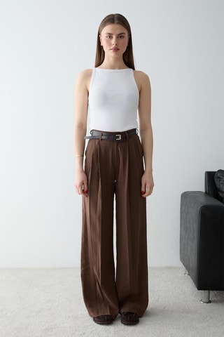 Pantalón wide leg de tiro alto - Marrón