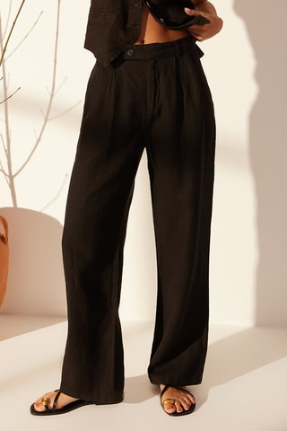 Pantalón wide leg de lino de tiro alto - Negro