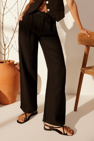 Pantalón wide leg de lino de tiro alto - Negro