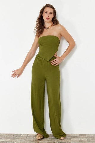 Crop top bustier y pantalón de tiro alto - Caqui