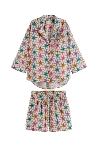 Chemisier droit et short de plage - Ecru et fuchsia