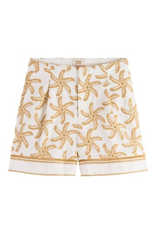 Short en lin taille haute - Ecru et marron