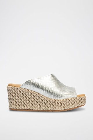 Mules com cunha em couro - Dourado - Prateado