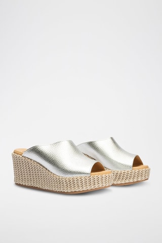 Mules com cunha em couro - Dourado - Prateado