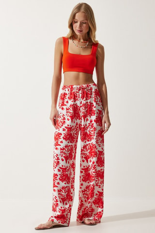 Pantaloni loose vita alta - Ecrù e rosso