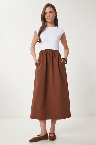 Abito midi - Marrone scuro e bianco