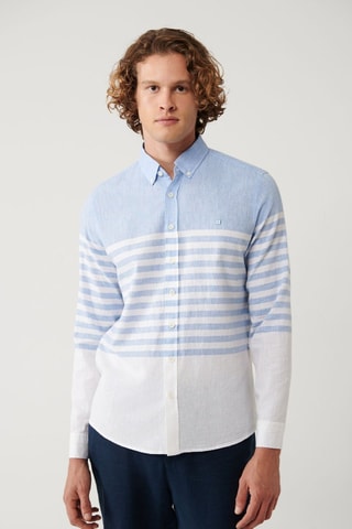 Camicia slim in lino - Blu