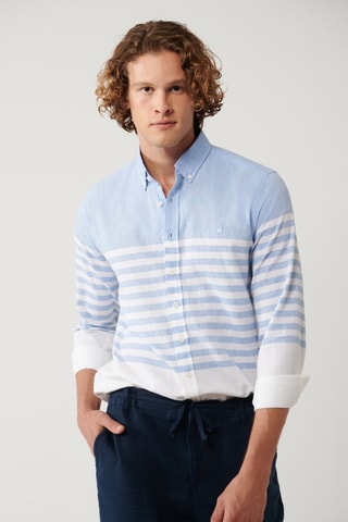 Camicia slim in lino - Blu