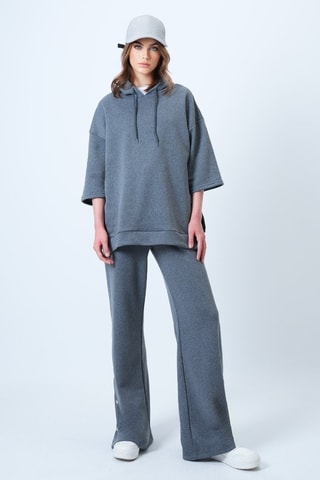 Felpa con cappuccio e pantaloni wide legs a vita alta - Antracite melange