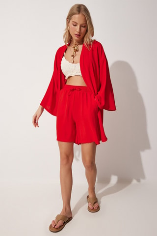 Kimono e shorts a vita alta - Rosso