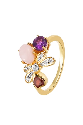 Anillo - Plata chapada en oro amarillo, ópalo, amatista africana y granate