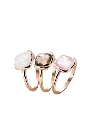 3 anillos - Plata chapada en oro amarillo, plata chapada en oro rosa, cuarzo ahumado, cuarzo rosa y piedra de luna
