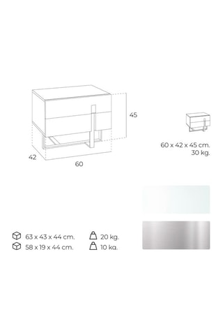 Comodino 2 cassetti - Bianco e argentato - 60 x 42 x 45 cm