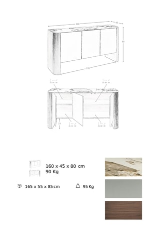 Credenza 3 ante in legno e porcellana - 160 x 80 x 45 cm