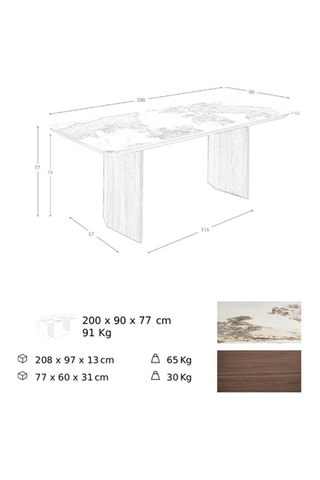 Tavolo da pranzo in marmo di porcellana e noce  - 200 x 77 x 90 cm