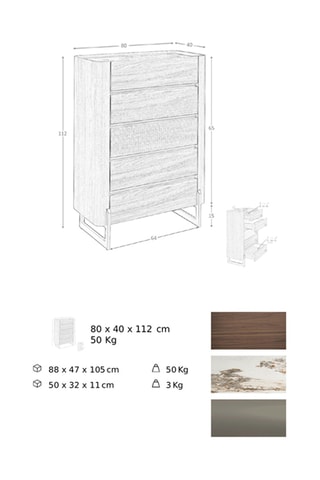 Cassettiera 5 cassetti in legno placcato noce - 80 x 112 x 40 cm