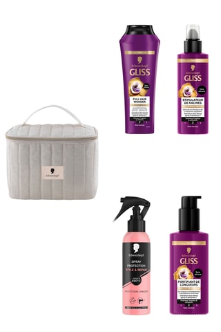 Shampoing Gliss Effet Densité - 250 ml, Stimulateur de racines Gliss - 100 ml, Fortifiant de longueurs Gliss - 100 ml, 	Fortifiant de longueurs Gliss - 100 ml, Trousse de toilette - Ecru et 	Spray Protection 230 °C Style & Repair - 150 ml