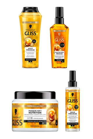 Shampoing Huile Précieuse Gliss - Cheveux secs et rêches - 250 ml, Masque 4-en-1 Nutrition Gliss - Cheveux secs et rêches - 400 ml, 	Lait démêlant Express Huile Précieuse Gliss - 200 ml et 	Elixir Huile de Soin Précieuse Gliss - Cheveux secs et très abimé
