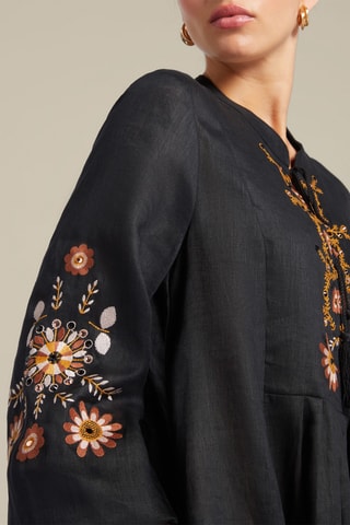Vestido midi de lino - Negro