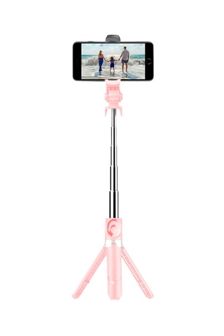 Pau de selfie Bluetooth retrátil com tripé integrado - rosa e prateado