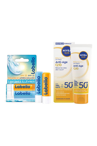 Creme de rosto solar anti-idade Q10 SPF 50 Nivea Sun - Peles sensíveis - 40 ml e 2 Bálsamos de cuidado labial Proteção Solar e Pós-solar  - 2 x 4,8 g