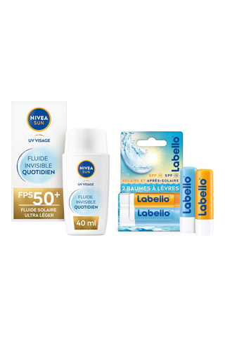 Fluidos solares ultraleves FPS 50+ Invisível Diário - 40 ml e 2 Bálsamos de cuidado labial Proteção Solar e Pós-solar  - 2 x 4,8 g