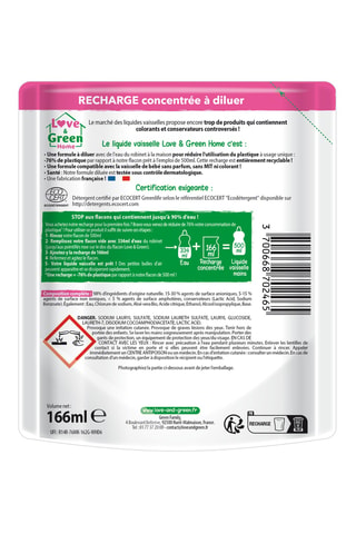 Recharge concentrée à diluer liquide vaisselle sans parfum - 166 ml
