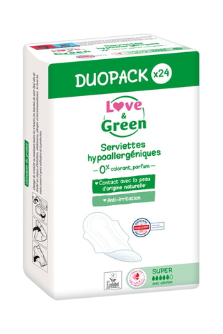 24 serviettes hygiénique hypoallergéniques Super  - Flux moyens à abondants