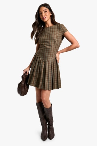 Robe plissée - Marron et vert foncé