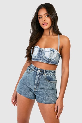 Short en jean taille haute - Bleu-gris