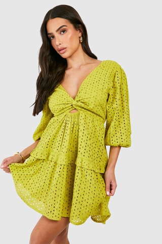Robe patineuse en broderie anglaise - Vert olive