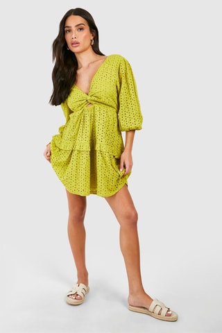 Robe patineuse en broderie anglaise - Vert olive