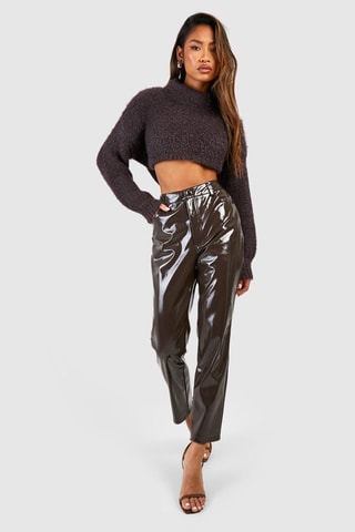 Pantalon cigarette verni taille haute - Marron