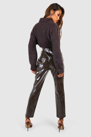 Pantalon cigarette verni taille haute - Marron