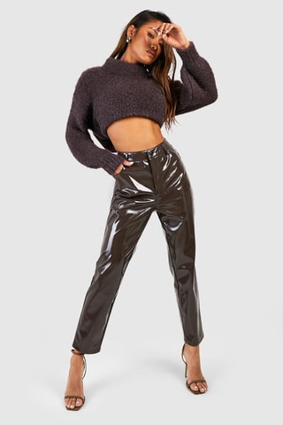 Pantalon cigarette verni taille haute - Marron