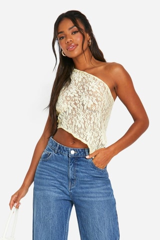 Crop top asymétrique en dentelle - Jaune