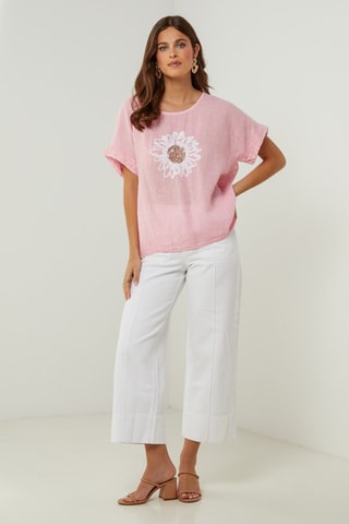 T-shirt oversize in lino - Bianco e rosa