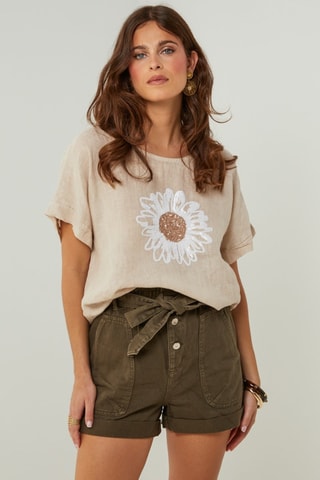 T-shirt oversize in lino - Beige e bianco
