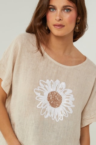 T-shirt oversize in lino - Beige e bianco