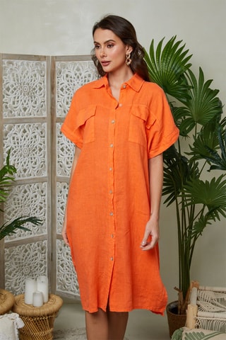 Abito a camicia in lino - Arancione